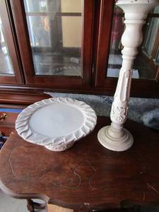 lot 71 image: white pottery cake plate with leaf design on the edges 5x14, white wooden plant stand 22inches tall