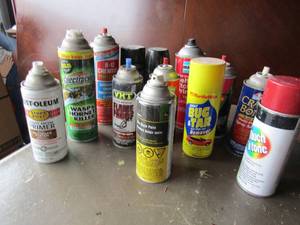 lot 101 image: lot of primer, wasp killer, bug and tar remover, carberater cleaner, couple of cans of spray paint all new and used