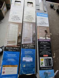 lot 103 image: mainstay light filtering vinyl blinds 25 in w x 64 in L------ 23 in W x 64 in L, cordless mainstays vinyl mini blinds room darking 27 w x 64 L qty 3