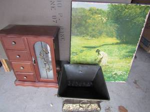 lot 111 image: Beautiful table top jewelry box with side glass door, 4 drawers-- metal dcor plant holder, 1713 wood art of a lady picking flowers in a field
