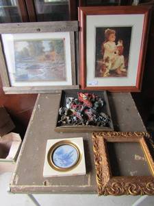 lot 118 image: 2420 framed Cat and child photo, 1313 Gold art frame empty, 88 framed saucer, 1614 DW Morton knights and armer art, 2420 horse back ridng river wood framed photo no artist known qty in all 5 pieces