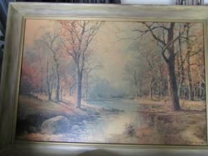 lot 119 image: Robert Wood 1956 framed hand painted portriat of wooded area with river running through middle, very nice-- 2941