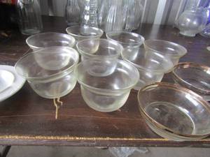 lot 140 image: 2 clear glass gold rim bowls, 1 white sauce bowl, clear glass yogurt fruit bowls qty 8