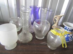 lot 141 image: Large lot of frosted, clear and colored flower vases qty 11