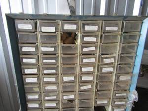 lot 160 image: blue 60 draw screw, nut, and bolt storage container