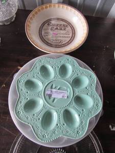 lot 17 image: Teal celebrate it egg plate, 2 plastic egg dishes, glass crystal platter,cheese cake ingredients wrote inside pie dish