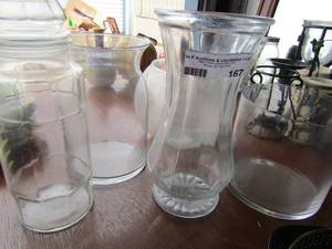 lot 167 image: clear glass vases, clear glass canister with lid, 2 big clear glass bowls