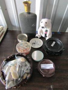 lot 175 image: misc. lot includes empty liquor bottle, 3 ash trays, party picks, and much more