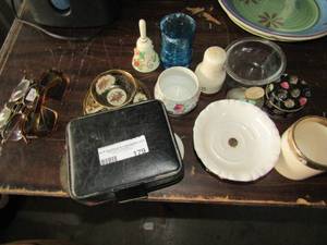 lot 179 image: misc. lot includes a old shaver, imperial mito porcelain tea cup and plate, floral dcor bell and much more