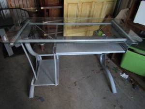 lot 197 image: glass top metal desk has minor damage easy fix 29 x 46 x 23