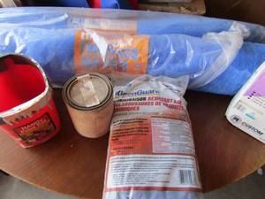 lot 203 image: polyblend non-sanded tile grout, chemical splash resistant coverall,paint pail used, valspar interior flat finish, and 2 new fiber glass air filter