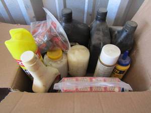 lot 211 image: used lot of power steering fluids, chalk line dust, stump remover and more