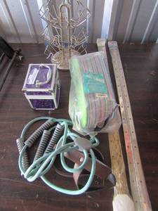lot 235 image: 3 tier metal spinning table top shelf, excersice rope, purple box, shoe inserts multi color, 2 NIP hienges