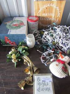 lot 239 image: Christmas lot includes, Christmas lights, merry Christmas sign, door bells, tin can, and more