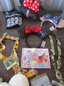 lot 240 image: Disney lot, kids Disney ear hats, pins, Mickey shoulder bag and more