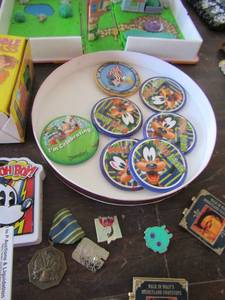 lot 241 image: shirt pins Disney, various othe Disney shirt pins, Dribble glass NIB