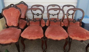 lot 14 image: Set of ORNATE WOOD Dining chairs, 2 captain and 6 guest, red cloth seating, very nice