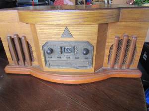 lot 265 image: AmFm turntable stereo sits on top of table, model # AH-003 needs minor repairs to disk player part