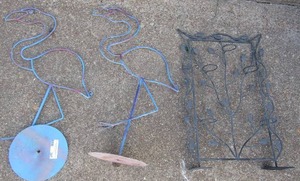 lot 267 image: 26 metal flamingo yard art qty 2 one needs repairs at base, 2412 metal votive candle holder, holds 5 with leaf dcor around edges