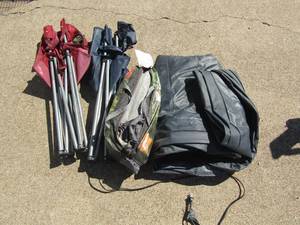 lot 278 image: Queen size air mattress with built in pump, 3 person dome tent, 2 fold up camping chairs
