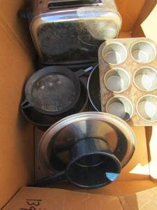 lot 289 image: Box of misc. baking pans, sauce pans and lids, also includes 2 slot toaster