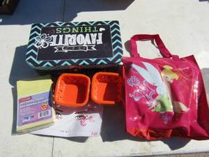lot 297 image: misc. lot of orange glass bowls, box with hair pieces, tinkerbell bag, note pads