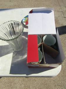 lot 300 image: Clear glass flower vase, Gibson saucer, set of 4 Lenox coffee cups new