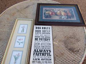 lot 310 image: dog rules wooden pic 18x 8, 24x9 flower picture, 15x24 pear picture