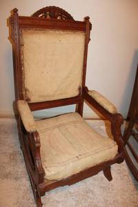 lot 14 image: Vintage Rocking Chair with vintage Farmers salt bag covering