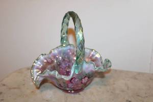 lot 3 image: Gorgeous Fenton Hand painted ruffled glass basket, see pictures with signature on bottom