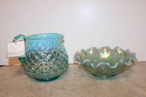 lot 12 image: Fenton Green glass candy dish and Opalescent pitcher, see pictures with signature on bottom