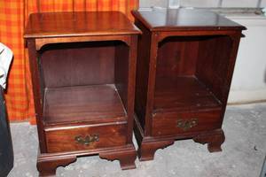 lot 52 image: (2) Solid mahogany night stands, see pictures with markings - 17W x 14D x 26H each