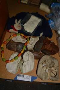 lot 55 image: Vintage leather baby shoes, bunny sweater and childrens gloves