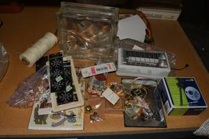 lot 64 image: This and That Lot cat stickers, Battery powered light, Glass square tile, crafts