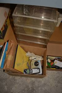 lot 66 image: Vintage Office items - paper, cordless phone, clear plastic storage drawers