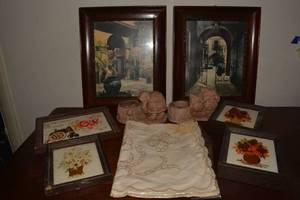 lot 80 image: Embroidered wall dcor, Mid-century owl and turtle votive candle holders, see pictures