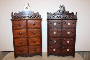 lot 19 image: (2) Vintage Wooden trinket box cabinets or hanging spice box cabinets