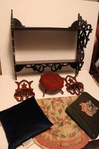 lot 23 image: Vintage Wooden Wall Shelves, Oval Rug and pillows