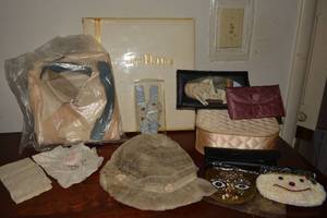 lot 47 image: Vintage wedding keepsakes - Album with photos, shirt, garters, handkerchief, plus beaded coin bags and more