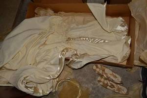 lot 69 image: Mid-Century Silk Wedding Dress - Box reads Aug. 1948, stored inside out, tag from Loebs Lafayette, Ind.