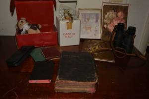 lot 103 image: Vintage Bibles (one has signature from 1937), Bialosky Treasury Bear, Capodimonte Owl figurine, Binoculars and cards