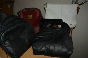 lot 104 image: Purse Lot - (2) black leather nesting bag sets, M. Scallion red purse, Joan Rivers velvet clutch, White Sak purse