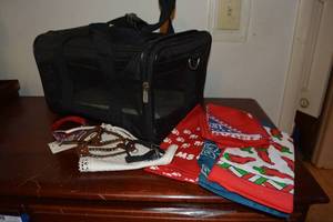 lot 107 image: Small pet carrier with bandanas