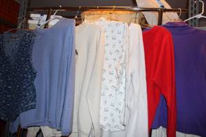 lot 128 image: Womens clothes used - denim vest size L, Talbots sweaters, turtlenecks, and dog sweatshirts