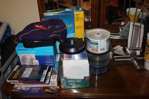lot 133 image: Office supplies - jewel cases, mailing  labels, DVD-R, CD-R, Crown Royal bag, software
