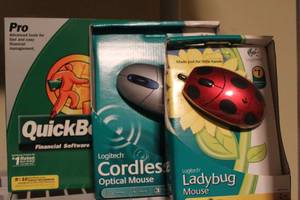 lot 147 image: Logitech cordless mice SIP, and QuickBooks 2004 software