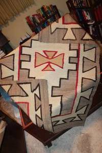 lot 186 image: Native American blanket - brown, red and cream colors with x in middle