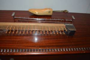 lot 209 image: Solid Oak Tie Rack SIP, metal jewelry hangers, shoe stretcher.