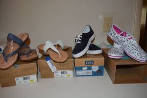 lot 110 image: Womens Shoes (2) Born sandals, (2) keds sneakers. Look like new or gently used. Size 7