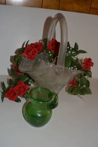 lot 251 image: Frosted glass basket, green glass pitcher and rose garland